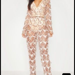 Rose Gold Tassel Sequin Plunge Jumpsuit